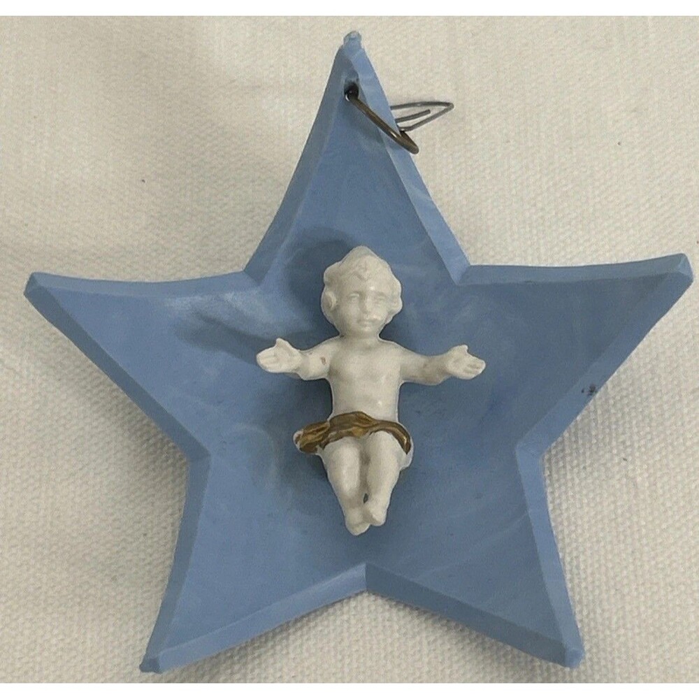 Vintage Baby Jesus Ornament Made In Italy Composite Soft Blue Star